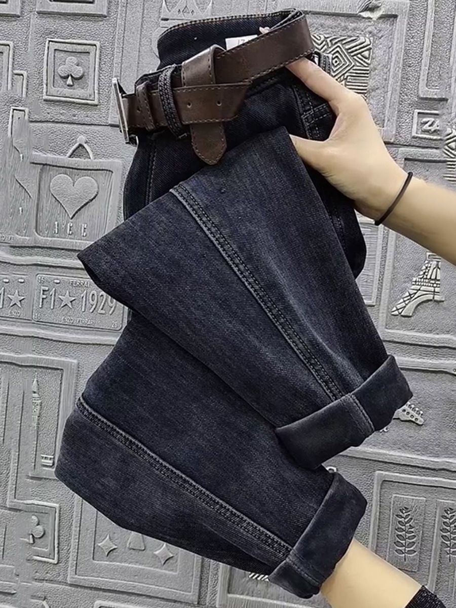 plus Size Fleece Lined Straight Leg Jeans High Waisted Slimming Cropped Dad Style Harem Pants for Women Autumn Winter Casual Fashion_mkmklike.com