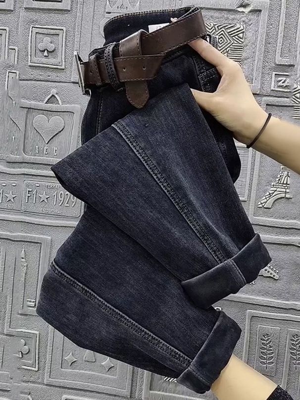 plus Size Fleece Lined Straight Leg Jeans High Waisted Slimming Cropped Dad Style Harem Pants for Women Autumn Winter Casual Fashion_mkmklike.com