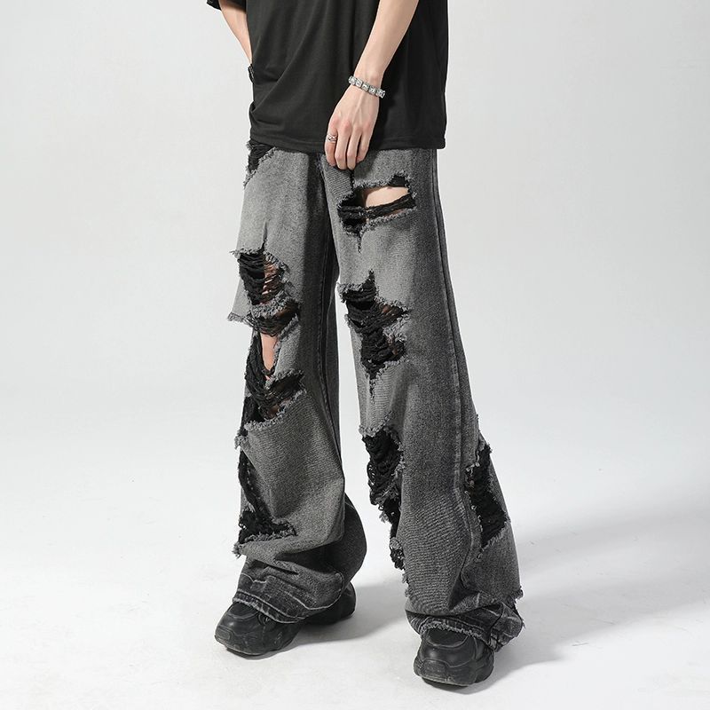 Men's Black & Gray Distressed Jeans - Summer Thin Washed Cotton High Street Vibe Baggy Cargo Pants With Slight Flare_mkmklike.com