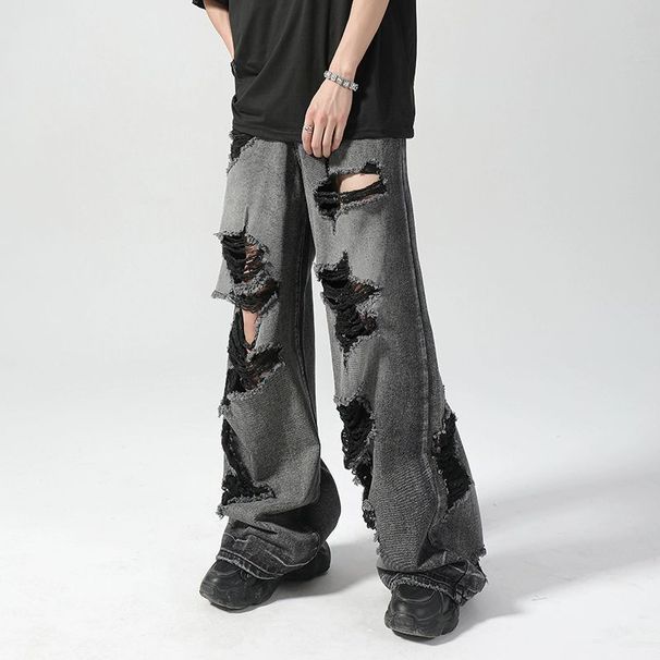 Men's Black & Gray Distressed Jeans - Summer Thin Washed Cotton High Street Vibe Baggy Cargo Pants With Slight Flare_mkmklike.com