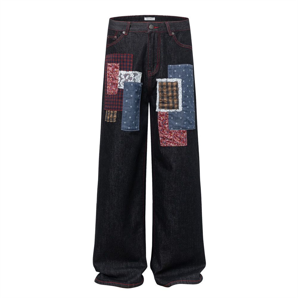 Color Block Patchwork Wide-Leg Jeans For Men, Spliced Open Stitch, Unique Design, Loose Straight-Leg Pants, Trendy Brand_mkmklike.com