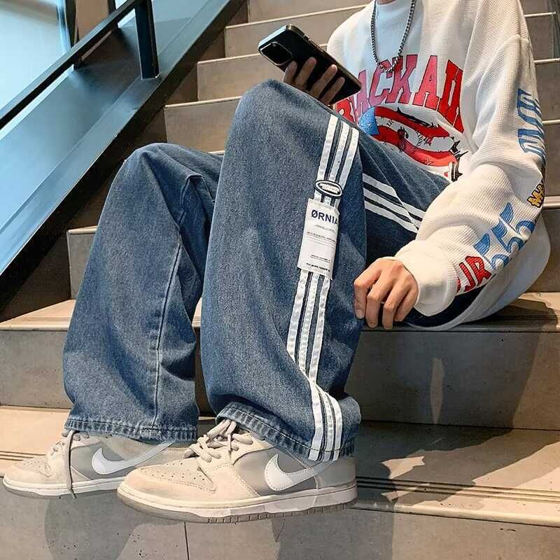 Men's Three Stripe Straight Leg Jeans High Street Style Loose Fit Sports Trousers Autumn Wide Leg Casual Denim_mkmklike.com
