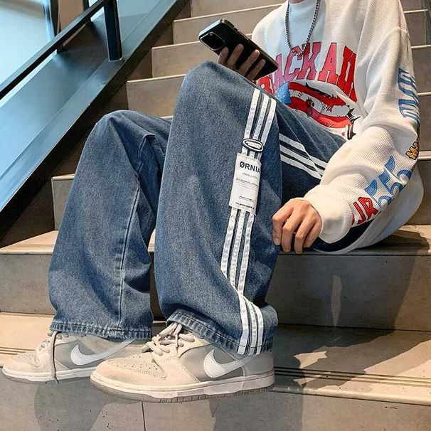 Men's Three Stripe Straight Leg Jeans High Street Style Loose Fit Sports Trousers Autumn Wide Leg Casual Denim_mkmklike.com