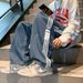 Men's Three Stripe Straight Leg Jeans High Street Style Loose Fit Sports Trousers Autumn Wide Leg Casual Denim_mkmklike.com
