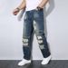 Men's Retro Straight Leg Jeans American Style Autumn Casual Wrinkle Resistant Loose Fit With Patches And Rips_mkmklike.com