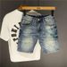 Men's Clothing Summer Ripped Denim Shorts Men's Trendy Brand Handsome Casual Straight Shorts Light Blue Ripped Shorts_mkmklike.com