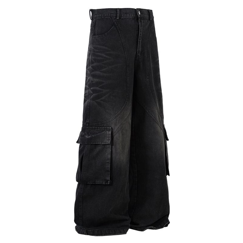 Vintage Washed Denim Work Pants For Men & Women - Relaxed Fit Straight Leg Jeans With Utility Pockets, Distressed Style Casual Streetwear_mkmklike.com