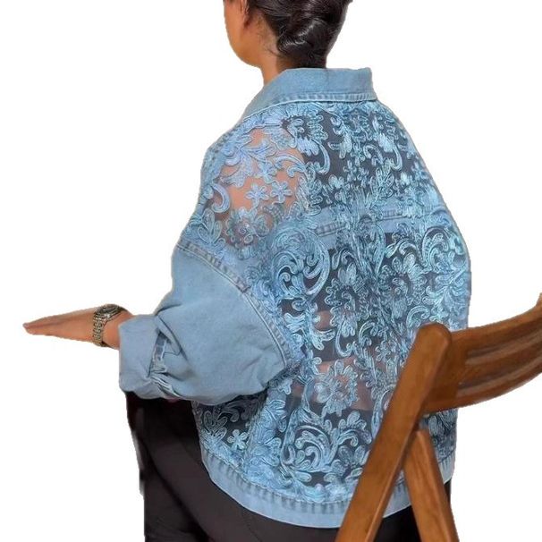 Oversized Denim Jacket With Lace Trim – Casual Distressed Cotton Blend Coat For Women (Light Blue)_mkmklike.com