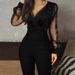 new solid color V neck mesh slim long sleeved jumpsuit trousers large stock_mkmklike.com