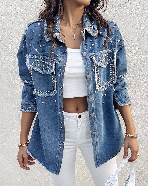 Beaded Contrast Denim Jacket – Long Sleeve Vintage Workwear With Embellished Details (S-XL, Classic Blue Washed)_mkmklike.com