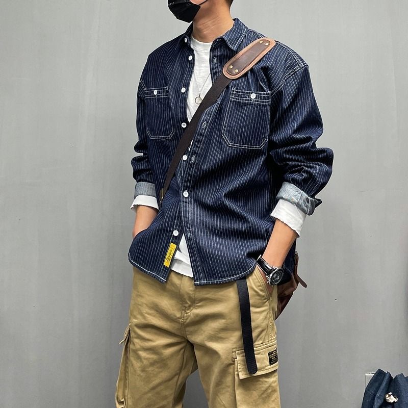 Retro Casual Loose Striped Denim Long Sleeved Shirt Men's Versatile Shirt Jacket_mkmklike.com