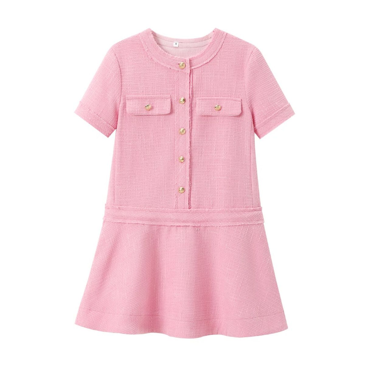 Women's Clothing new round neck short sleeve French style small fragrance style metal button a-line skirt texture short dress_mkmklike.com