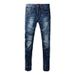 Men's Clothing Fashion Retro Jeans Distressed Dark Blue Cat Whisker Washed Slightly Elastic Slim Fit Small Straight Trousers_mkmklike.com