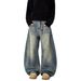 Unisex Retro Washed Curved Jeans Trendy American Loose Silhouette Slimming Wide Leg Pants_mkmklike.com