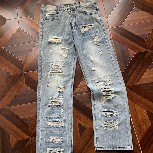 Men's Clothing Unisex American Style High Street Distressed Jeans Vintage Washed Zippered Straight Leg Trousers Trendy Casual Denim_mkmklike.com