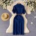 Women's Clothing Light Luxury Celebrity Style High End Polo Collar Denim Dress For Women Summer Split Waist Belt Design Niche Temperament Long Skirt_mkmklike.com