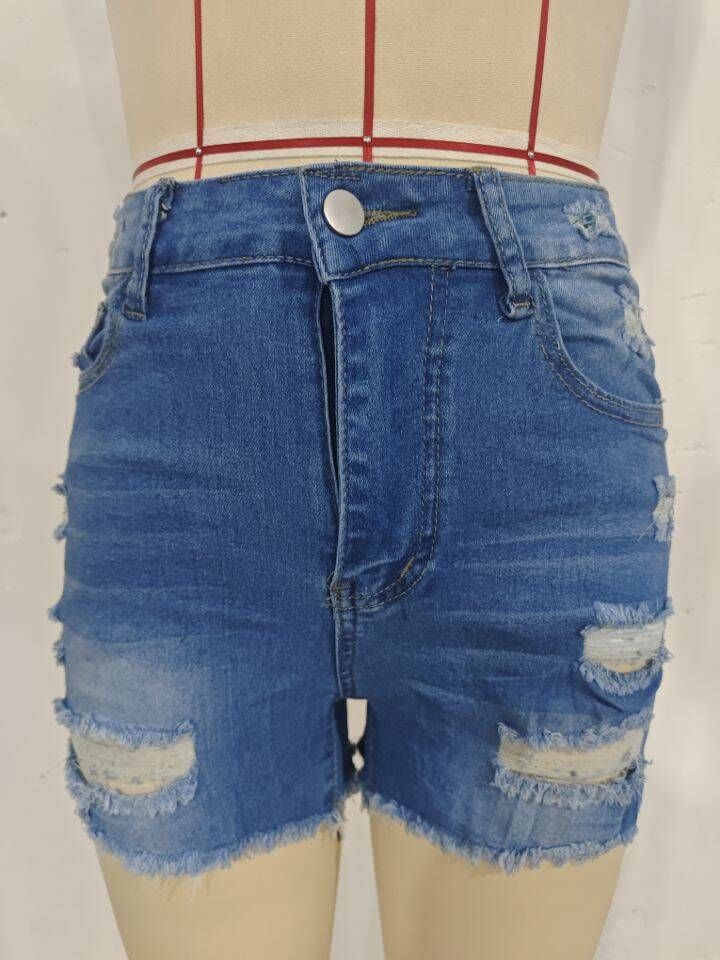 K New Women's Sexy Mid Waist Elastic Hip Lifting Punch Denim Shorts_mkmklike.com