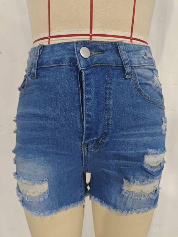 K New Women's Sexy Mid Waist Elastic Hip Lifting Punch Denim Shorts_mkmklike.com