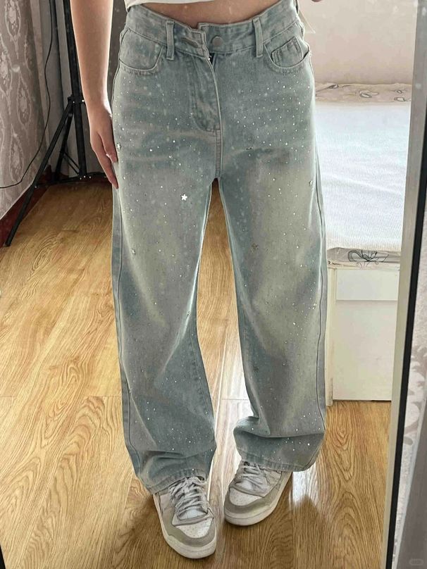 K Light Blue Rhinestone Straight Leg Jeans For Women's New Design, High Waist Slimming And Wide Leg Pants_mkmklike.com