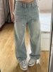 K Light Blue Rhinestone Straight Leg Jeans For Women's New Design, High Waist Slimming And Wide Leg Pants_mkmklike.com