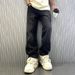 Men's Clothing Print High Street Fashion Brand Ins Design Jeans Loose Straight Washed Wide Leg Long Pants_mkmklike.com