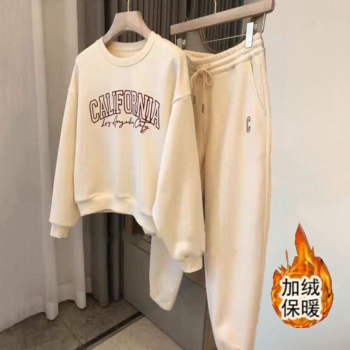 Fleece-Lined Thickened Casual Sports Women, New Fashion Loose Printed Sweatshirt Two-Piece Set For Autumn And Winter_mkmklike.com
