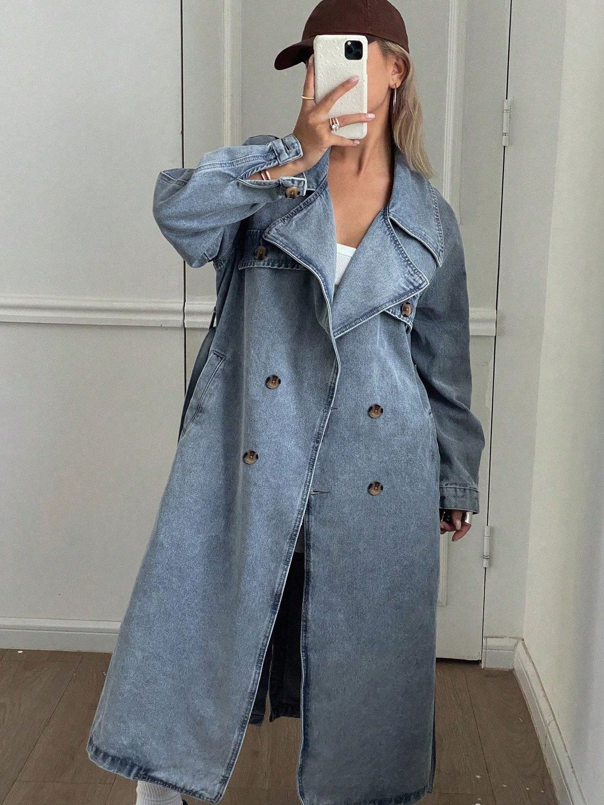 Women’s Oversized Denim Trench Coat – Retro Streetwear Jacket With Polo Collar (S-XL, Blue)_mkmklike.com