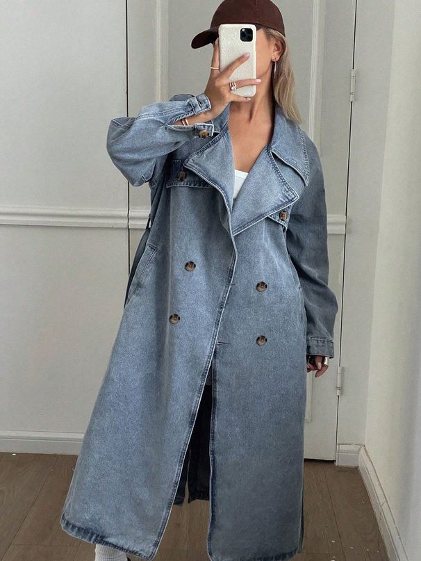 Women’s Oversized Denim Trench Coat – Retro Streetwear Jacket With Polo Collar (S-XL, Blue)_mkmklike.com