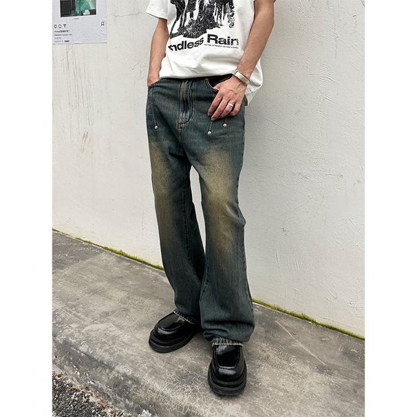 Nordmann Vintage Washed Blue Jeans For Men Loose Straight Leg Slightly Flared Casual New Trend American Style Long Pants_mkmklike.com