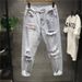 Men's Clothing Street Washed Distressed Ripped Jeans For Men Spring And Autumn Straight High Street Vibe Style Handsome Long Pants_mkmklike.com