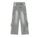 Multi-Pocket Cargo Jeans For Men, High Street Style, Trendy Design With Ribbon Decoration, Loose Washed Straight-Leg_mkmklike.com