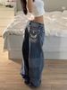 Women's Sexy Low-Waisted Jeans Rhinestone Embroidered Heavy Duty Hot Fix Fashionable Loose Straight Leg Trousers_mkmklike.com