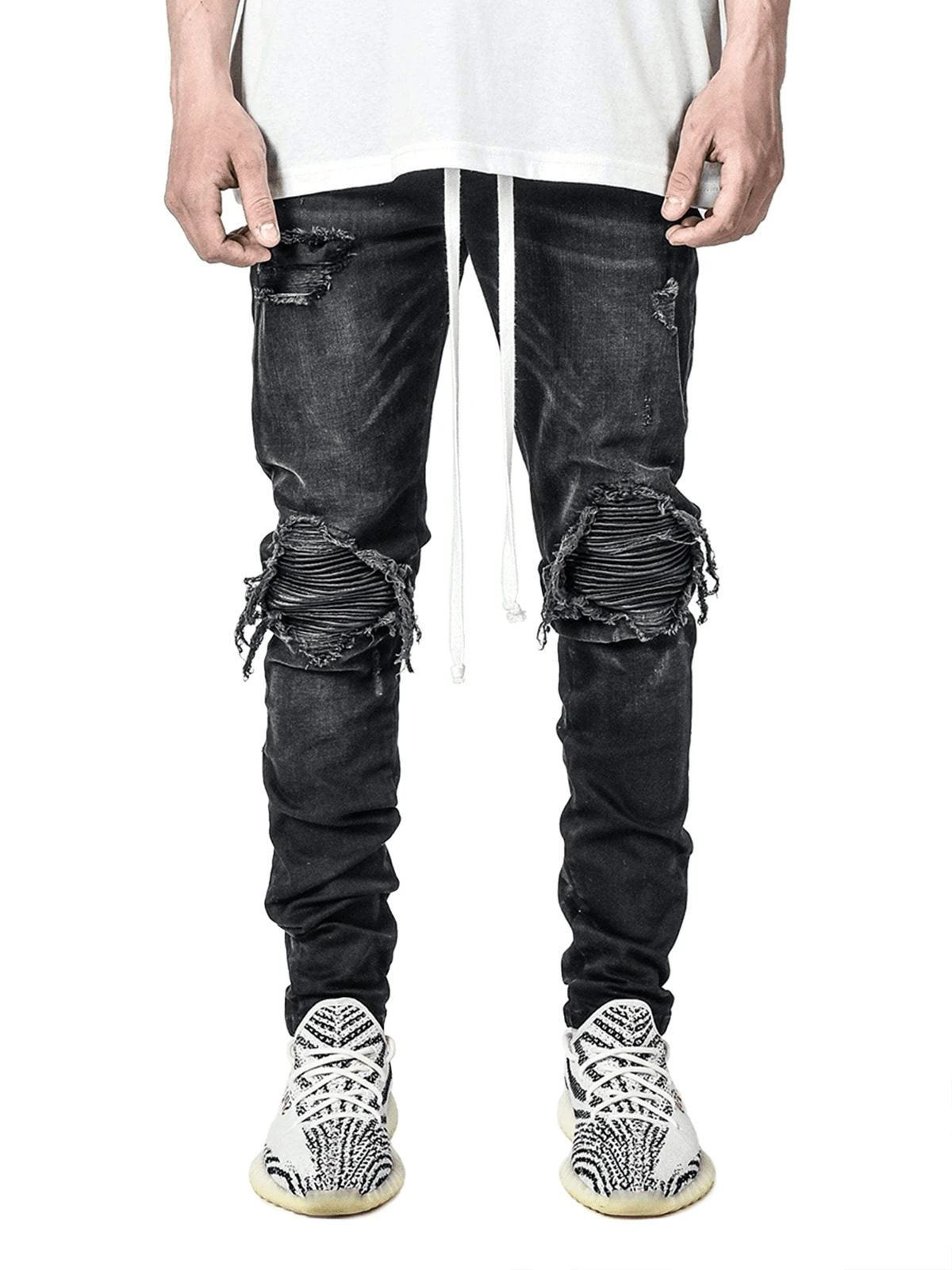 Men's Slim Fit Stretch Denim Jeans - Ripped Black & Grey Skinny Pants For Streetwear & Motorcycle Style_mkmklike.com