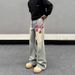Men's Vintage Washed Yellow Mud Flared Jeans - Loose Fit High Street Denim Pants With Embroidery_mkmklike.com