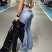 Women's High-Waisted Washed Blue Distressed Denim Jeans Retro Black Floral Print Flare Hem_mkmklike.com