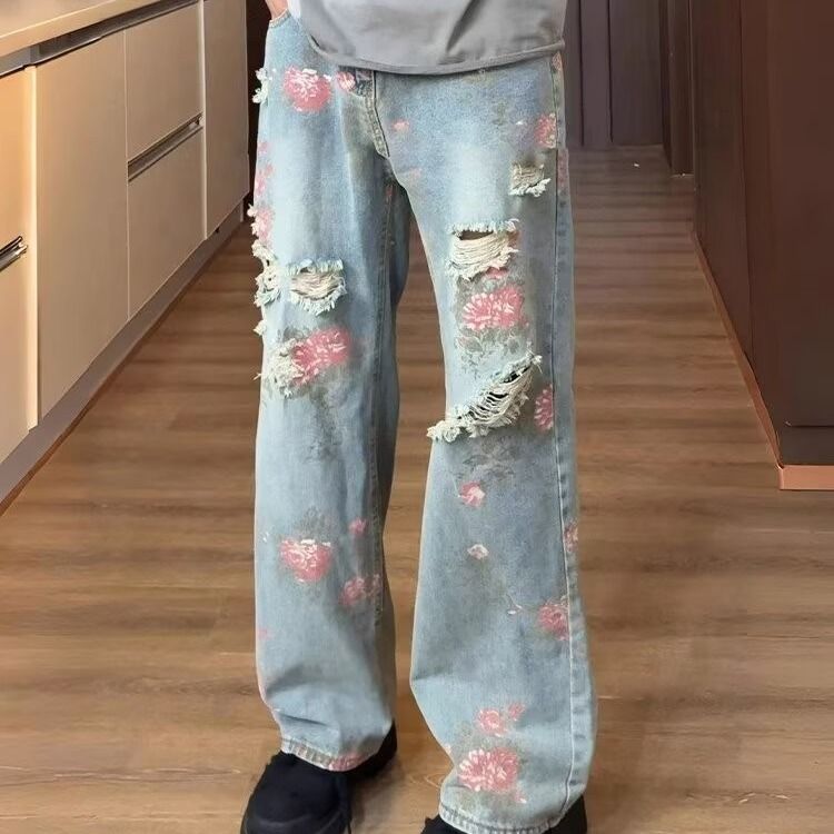 American High Street Flower Ripped Jeans Men's Summer High-end Thin Pants Rose Full Print Straight Trousers_mkmklike.com