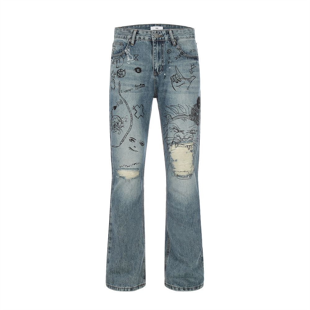 High Hand-Painted Graffiti Print Flared Jeans For Men American Street Style Niche Distressed Trendy Loose Long Pants_mkmklike.com