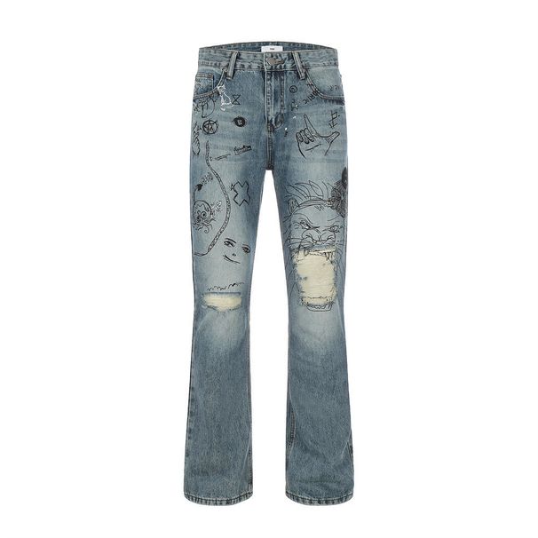 High Hand-Painted Graffiti Print Flared Jeans For Men American Street Style Niche Distressed Trendy Loose Long Pants_mkmklike.com