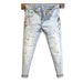 Men's Slim Fit Distressed Jeans With Paint Splatter & Ripped Details - Light Blue Washed Denim For Streetwear & Casual Style_mkmklike.com