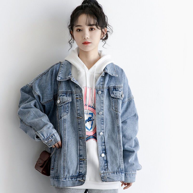 Vintage Women's Denim Shirt Jacket - Relaxed Fit Long Sleeve Oversized Cowboy Shirt With Polo Collar, Blue Casual Top For Streetwear & Everyday Wear_mkmklike.com