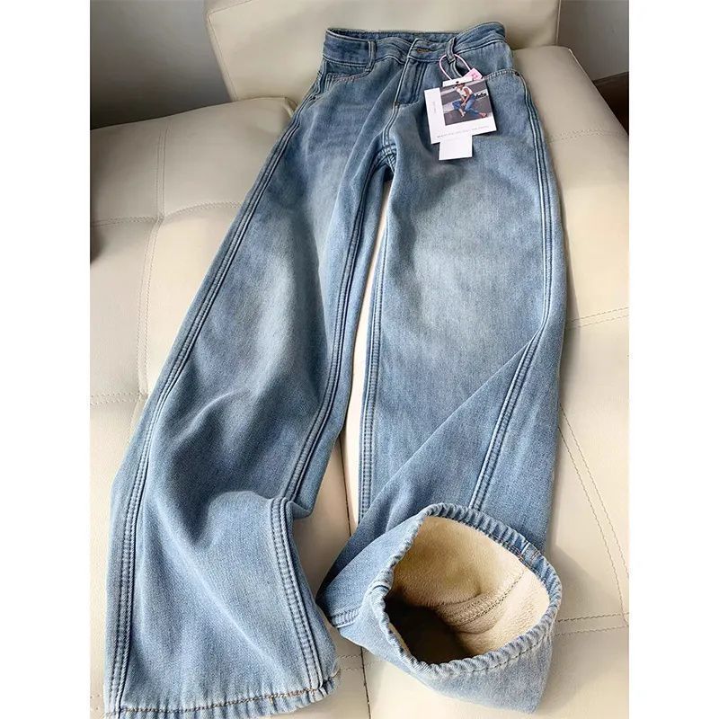 Women's Clothing Velvet Straight Jeans Autumn And Winter Light Blue Loose Slim All Match Thick Wide Leg Pants_mkmklike.com