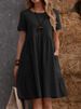 Women's clothing women's retro cotton and linen loose pocket solid color round neck dress in stock_mkmklike.com