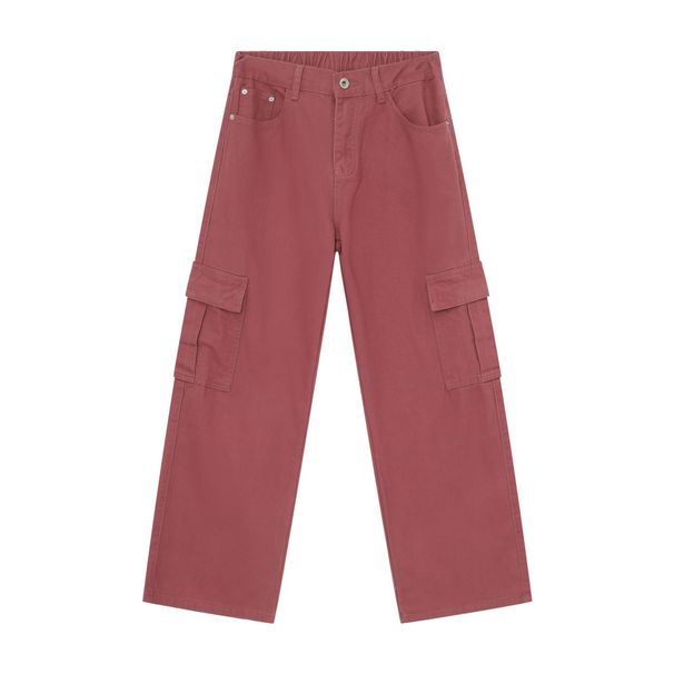 EF JEANS | 2024 New Vintage Simple Large Pocket Color Semi-elastic Waist Overalls Peach Pink Jeans_mkmklike.com