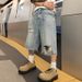 Men's Loose Fitting Ripped Jeans Trendy High Street Washed Distressed Wide Leg Cropped Blue Korean Style in Stock_mkmklike.com
