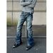 Vintage High-Street Button-Fly Jeans For Men – Retro Washed Straight-Leg Denim Pants With Stacked Cuff & Distressed Details_mkmklike.com