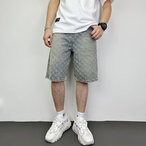 Men's Niche Trousers High-End Denim Shorts Summer Loose Straight Wide Leg Jacquard Fashionable Casual Pants_mkmklike.com