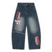 American Street Style Scimitar Silhouette Jeans Men's Trendy Color Block Patchwork Letter Print Loose Casual Cargo Pants_mkmklike.com