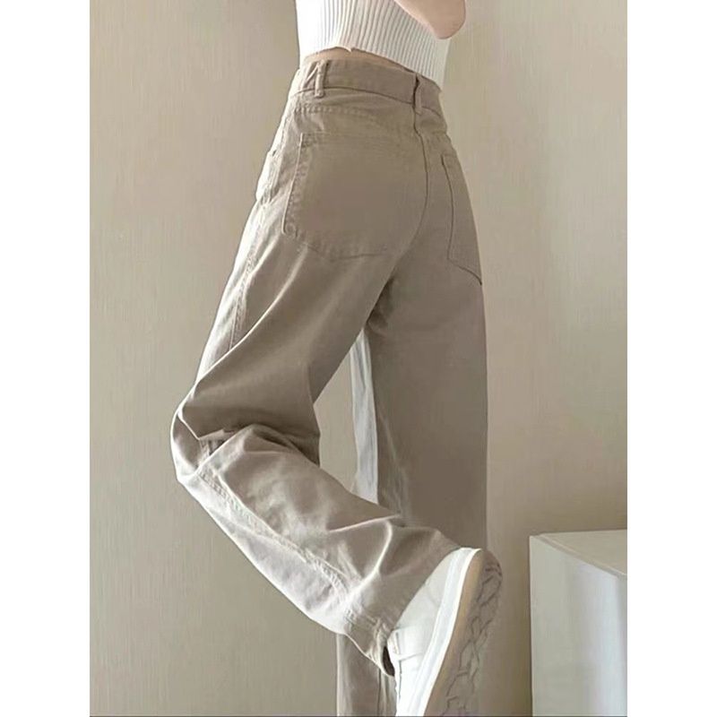 Khaki Straight-leg Jeans Women, High-waisted, Slimming, Versatile, Loose Wide-leg Pants, Suitable For Petite Figures,_mkmklike.com