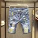 Summer Trendy Brand Contrast Color Shorts Men's High Street Handsome Ripped Patch Jeans Men's Trendy Ink Splashed Loose Shorts_mkmklike.com