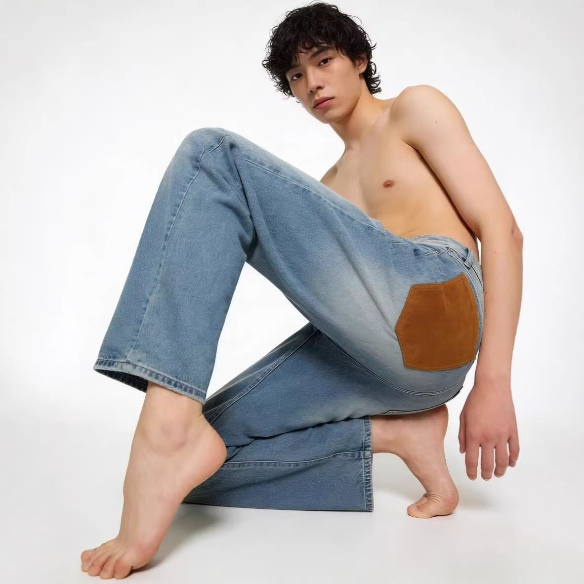 Men's Clothing Light Blue Patchwork Denim Jeans, Casual High Street Style, Cool And Comfortable Men's Casual Pants._mkmklike.com